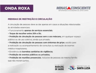 Governo do Estado de Minas Gerais implanta “onda roxa” em caráter obrigatório em todos municípios mineiros e informa fechamento do comércio caracterizado como não essencial e medidas restritivas no município por 15 dias