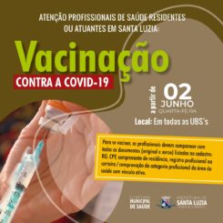 Vacinação contra a Covid-19 para todos os profissionais da Saúde residentes ou atuantes em Santa Luzia será realizada a partir de quarta-feira (2)