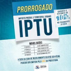 Prefeitura prorroga até 30 de junho, novamente, com 10% de desconto, vencimento do IPTU 2021