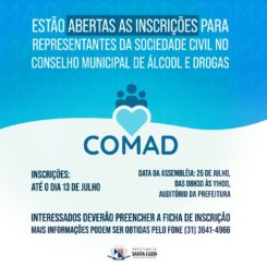 Estão abertas as inscrições para representantes da sociedade civil no Conselho Municipal de Álcool e Drogas