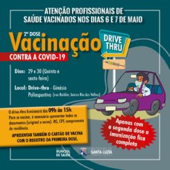 Prefeitura promove drive-thru para segunda dose de profissionais de saúde vacinados nos dias 6 e 7 de maio