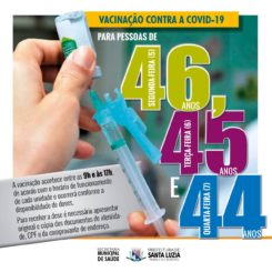Santa Luzia iniciará vacinação contra covid-19 das pessoas de 46 anos e acima na segunda-feira, 45 na terça e 44 na quarta-feira