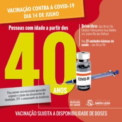 Pessoas com idade a partir dos 40 anos poderão se vacinar contra a covid-19 em Santa Luzia