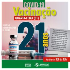 Prefeitura amplia faixa etária para vacinação contra a covid-19 para jovens com 21 anos ou mais