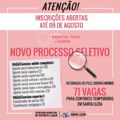 Inscrições abertas para o PELC – Programa Esporte e Lazer da Cidade oferta 71 vagas de emprego e a maioria sem necessidade de curso superior