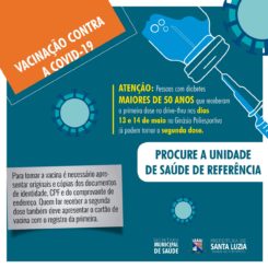 Pessoas com diabetes maiores de 50 anos vacinados com a 1ª dose contra a Covid-19 em drive-thru nos dias 13 e 14 de maio podem procurar a unidade de saúde de referência para receber a segunda