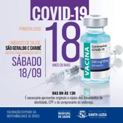 Vacinação contra a covid-19 neste sábado (18/09) para pessoas com 18 anos ou mais