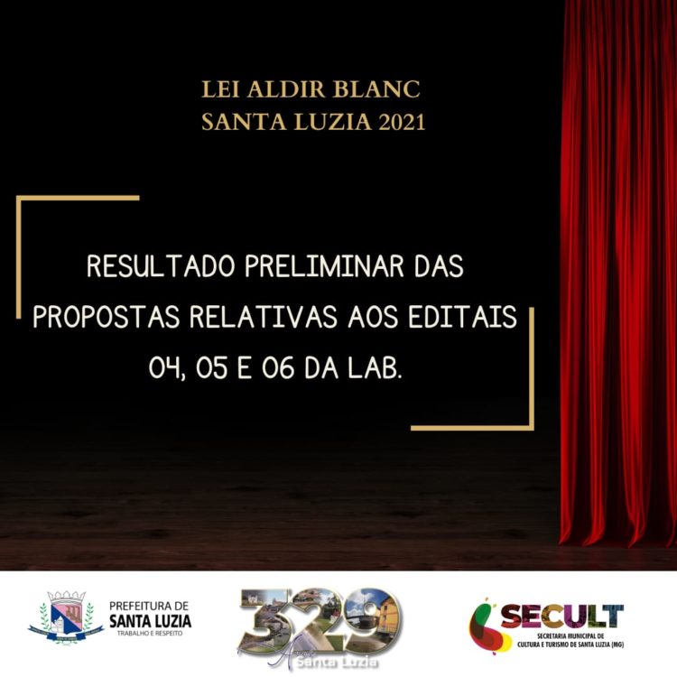 Prefeitura de Santa Luzia por meio da Secretaria de Cultura e Turismo divulga resultado preliminar das propostas relativas aos editais da LAB 2021