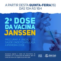 Prefeitura inicia nesta quinta-feira (16) aplicação de segunda dose da vacina da Janssen