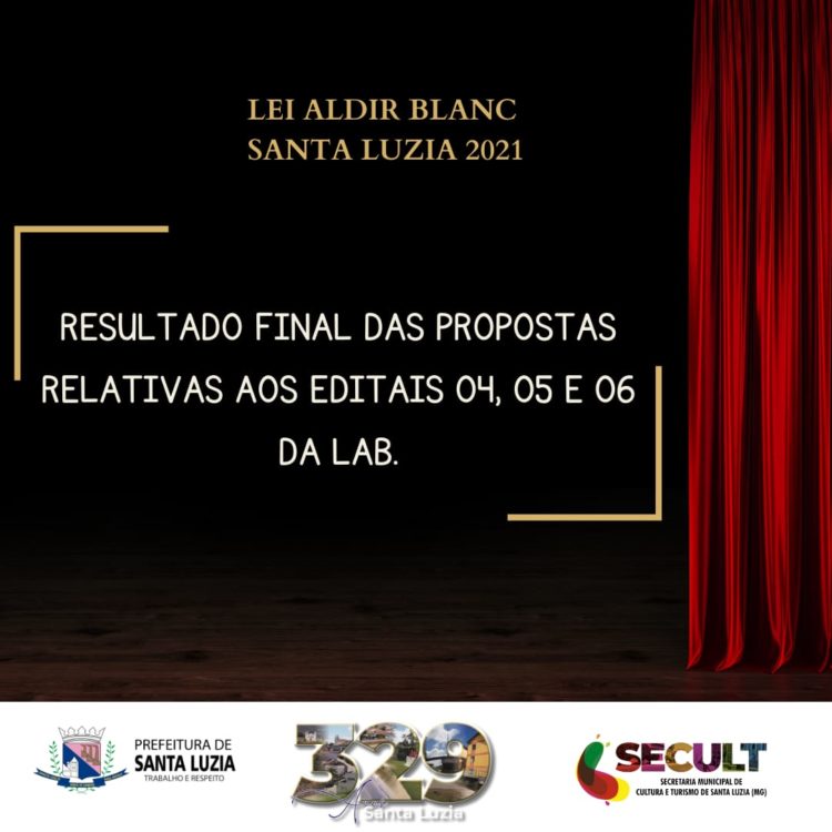 Prefeitura de Santa Luzia por meio da Secretaria de Cultura e Turismo divulga resultado final das propostas relativas aos editais da LAB 2021