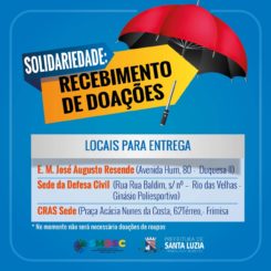 Solidariedade: Prefeitura divulga locais para recebimento de doações para ajuda aos afetados pelas chuvas em Santa Luzia