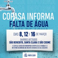 Copasa informa interrupção no fornecimento de água em Santa Luzia nos dias 8, 12 e 16 de março