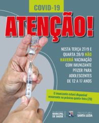 Nesta terça (27) e quarta (28) não haverá vacinação com imunizante Pfizer para adolescentes de 12 a 17 anos