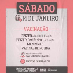 Sábado é dia de vacinação contra a covid -19, meningite C e vacinas de rotina em Santa Luzia