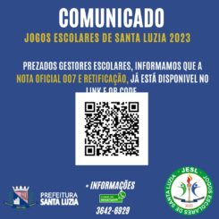Comunicado Jogos Escolares de Santa Luzia 2023