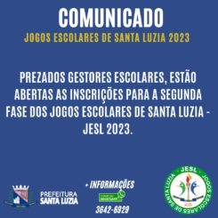Inscrições abertas para a segunda fase dos Jogos Escolares de Santa Luzia – JESL 2023