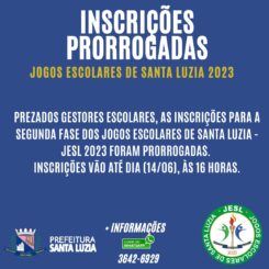 Prorrogadas novamente as inscrições para segunda fase dos Jogos Escolares de Santa Luzia