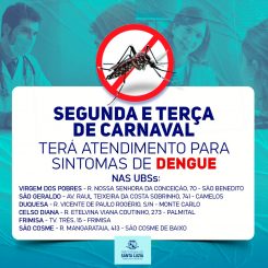 Seis UBSs estarão abertas na segunda e terça de Carnaval para atendimento a sintomas de dengue